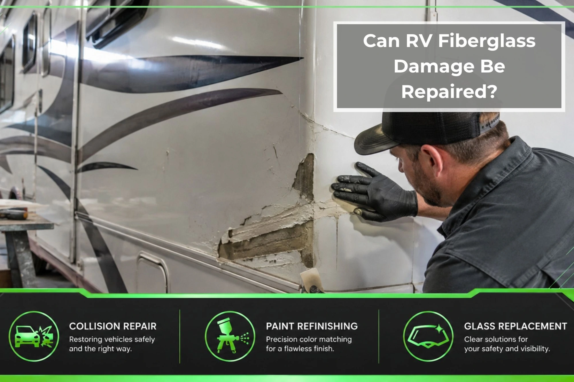 Technician repairing cracked and damaged fiberglass on the side of an RV inside a professional auto body repair shop.
