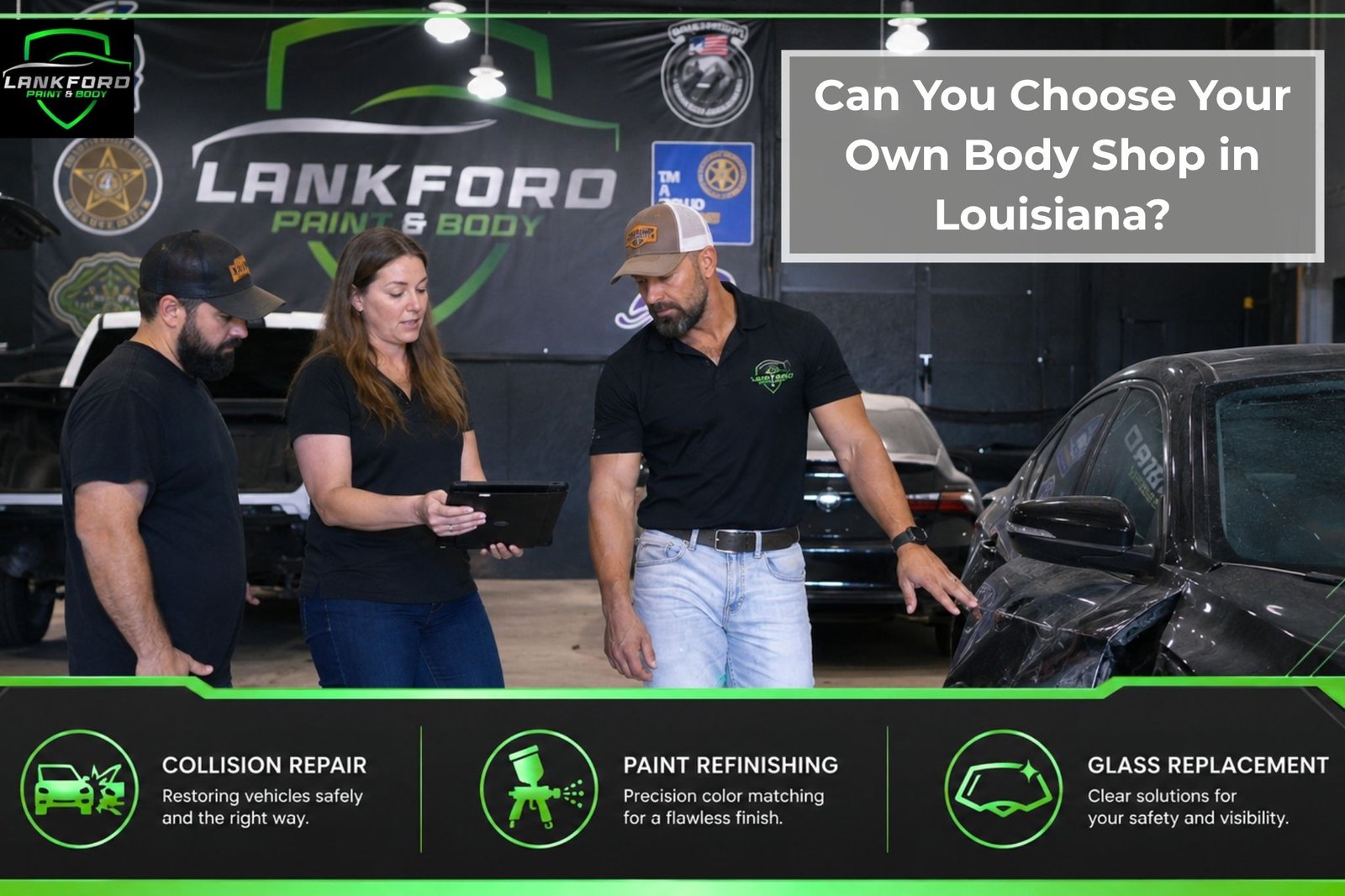 Lankford Paint & Body team members inspecting collision damage on a black vehicle inside their professional auto body repair shop.