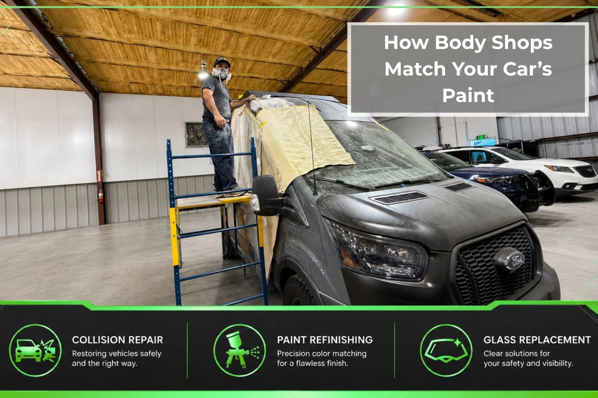 Technician prepares the upper body of a gray commercial van for paint refinishing inside a clean professional auto body repair shop.