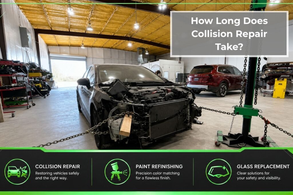 Collision repair vehicle undergoing front-end structural work with frame-straightening equipment inside a professional auto body repair shop.