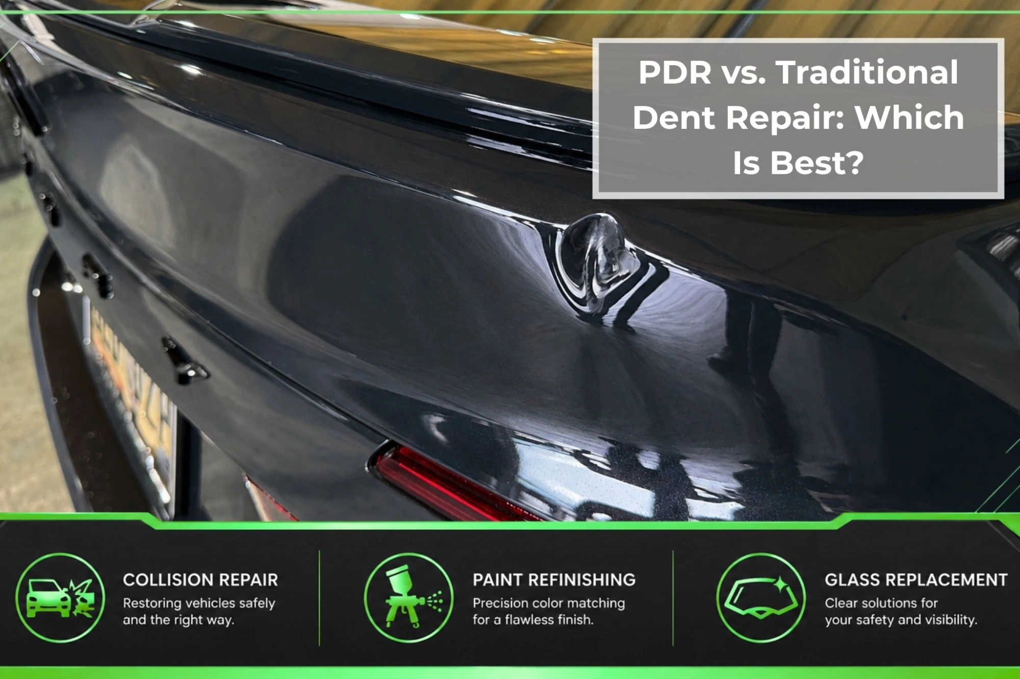Close-up of a dent in the rear trunk panel of a black vehicle, showing body damage near the taillight before repair.