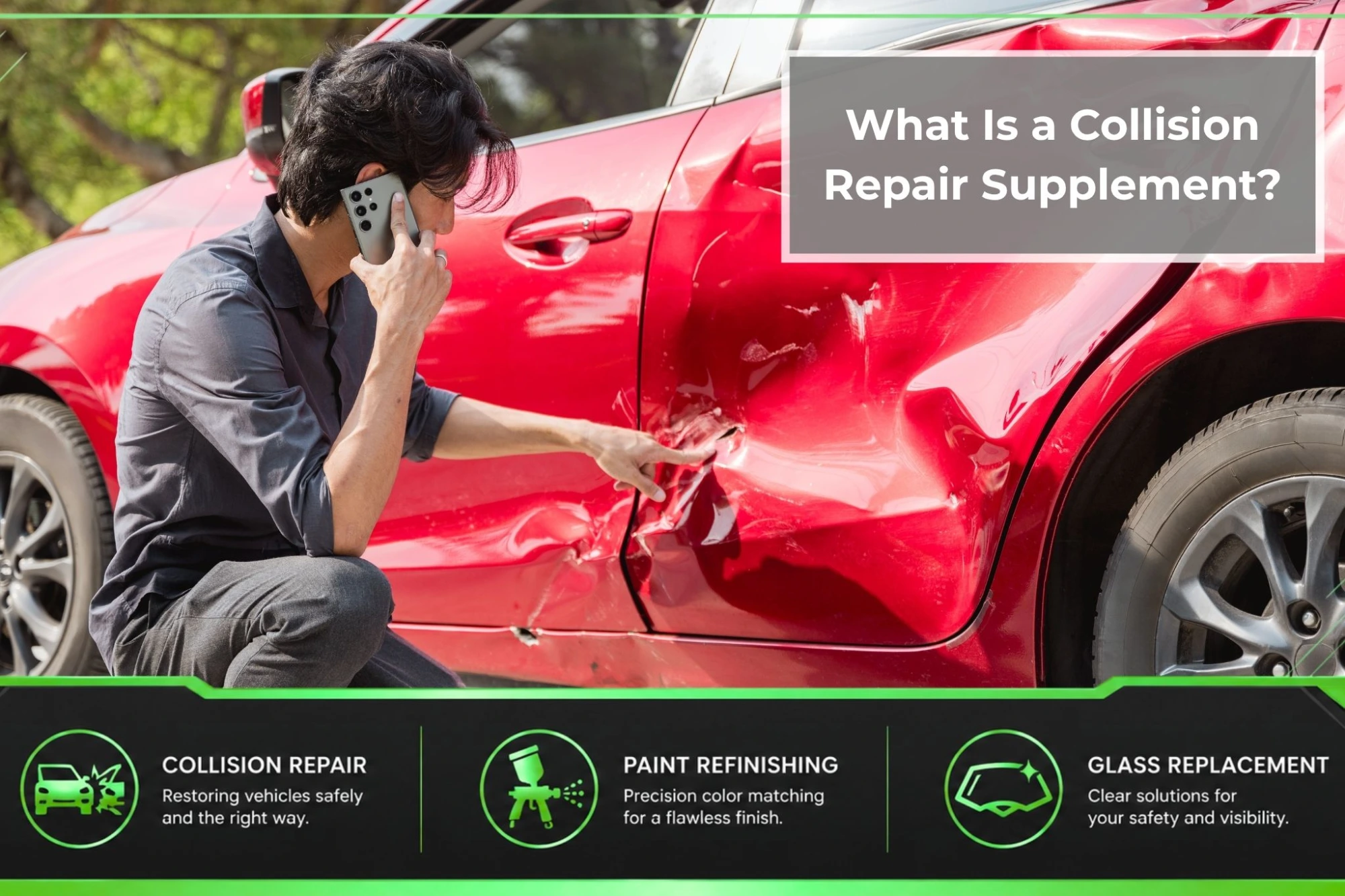 Driver examines collision damage on the side of a red vehicle while speaking by phone, illustrating the repair estimate and supplement process.