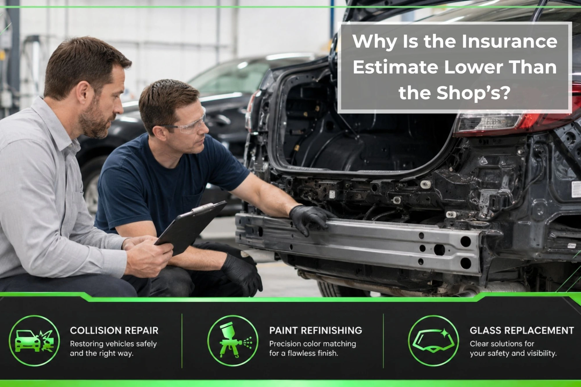 Collision repair technician and estimator inspect hidden rear-end damage on a partially disassembled vehicle while documenting the repair plan.