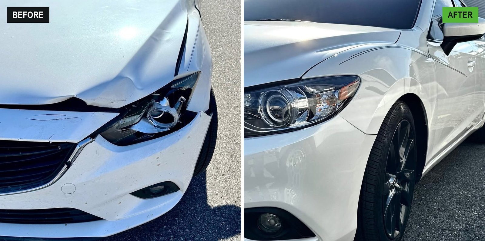 Before and after of a white Mazda: front end collision damage on the left, the repaired and refinished car on the right