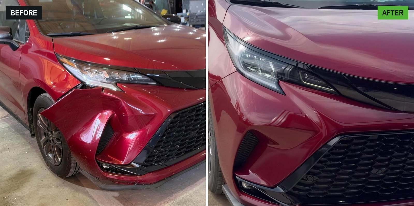 Before and after of a red Toyota Sienna: the front bumper pushed in on the left, the repaired front end on the right