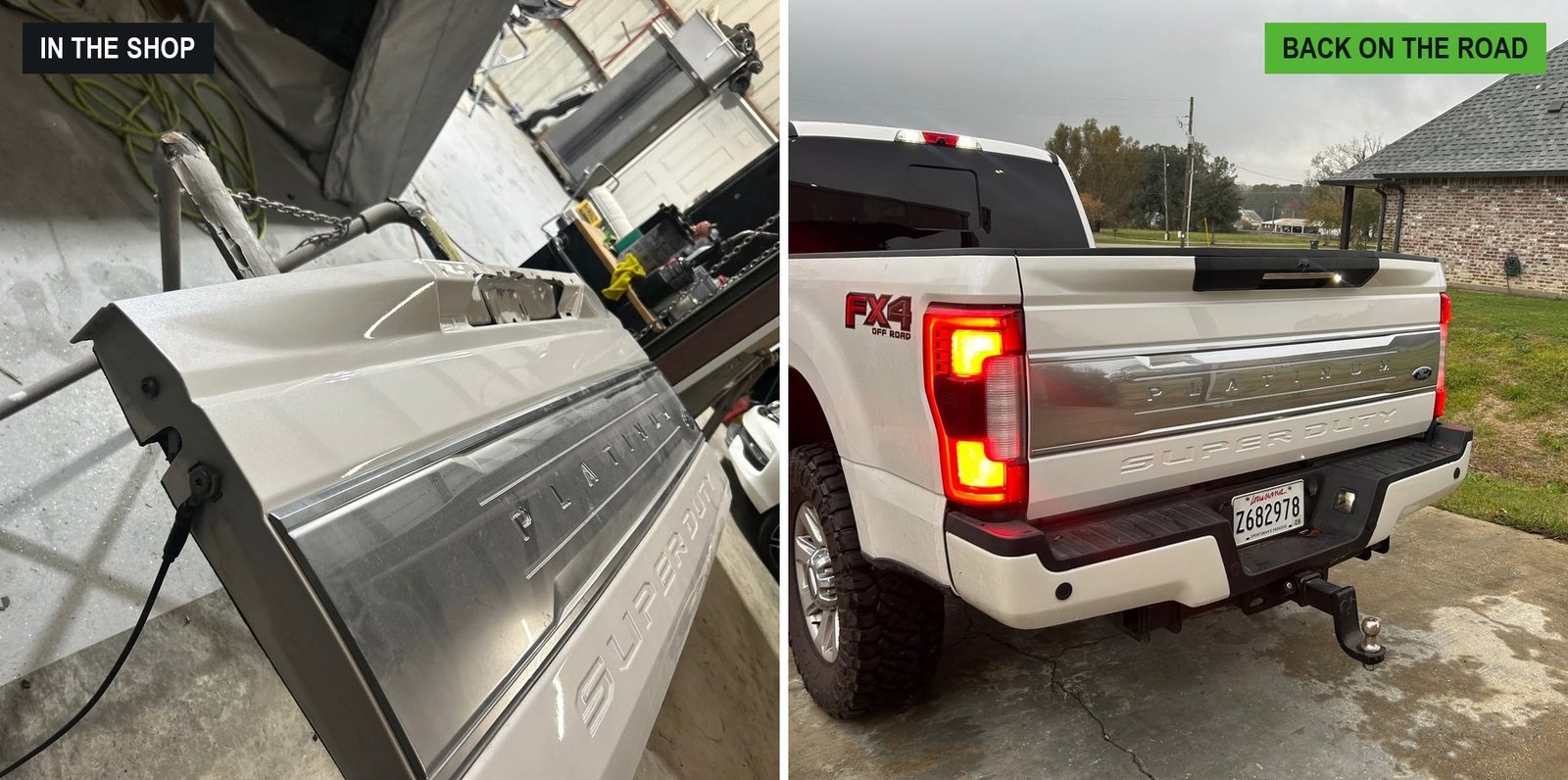 A white Ford Super Duty in the shop with the tailgate removed on the left, and finished back outside on the right