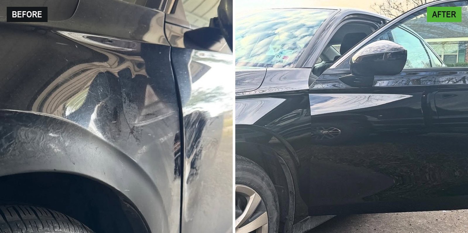 Before and after of a black car: creased and scraped rear quarter panel on the left, the refinished panel on the right