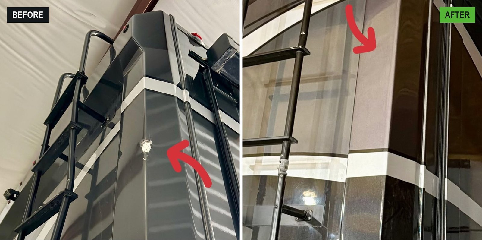 Before and after of a customer RV: the gouged rear corner panel on the left, the repaired corner on the right