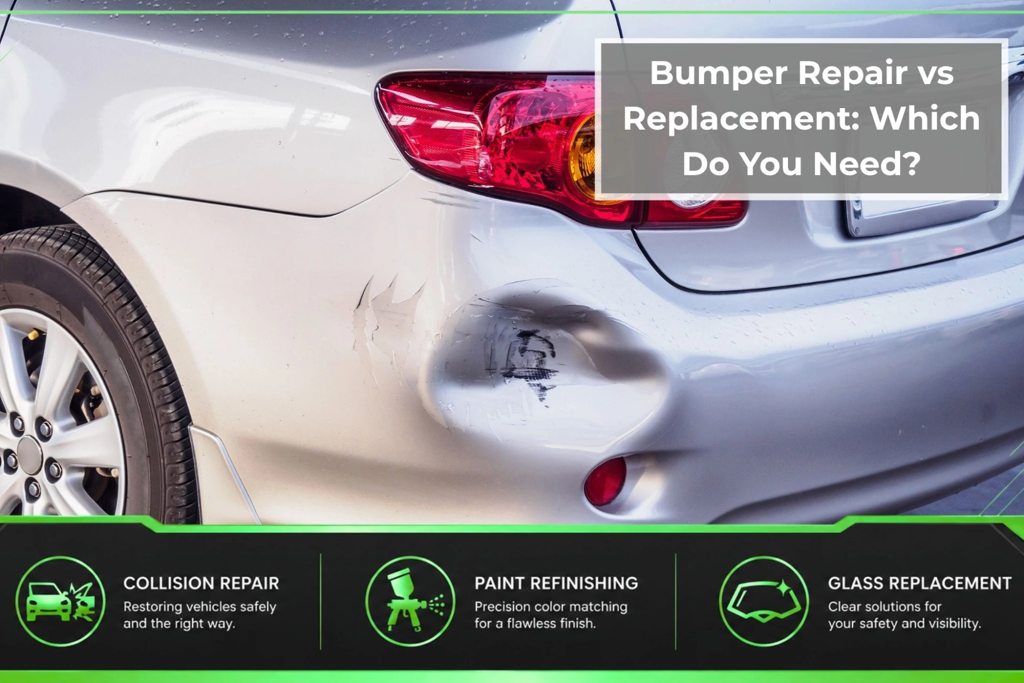 Rear bumper of a silver car with visible dents, cracks, and paint damage, illustrating the decision between bumper repair and replacement.