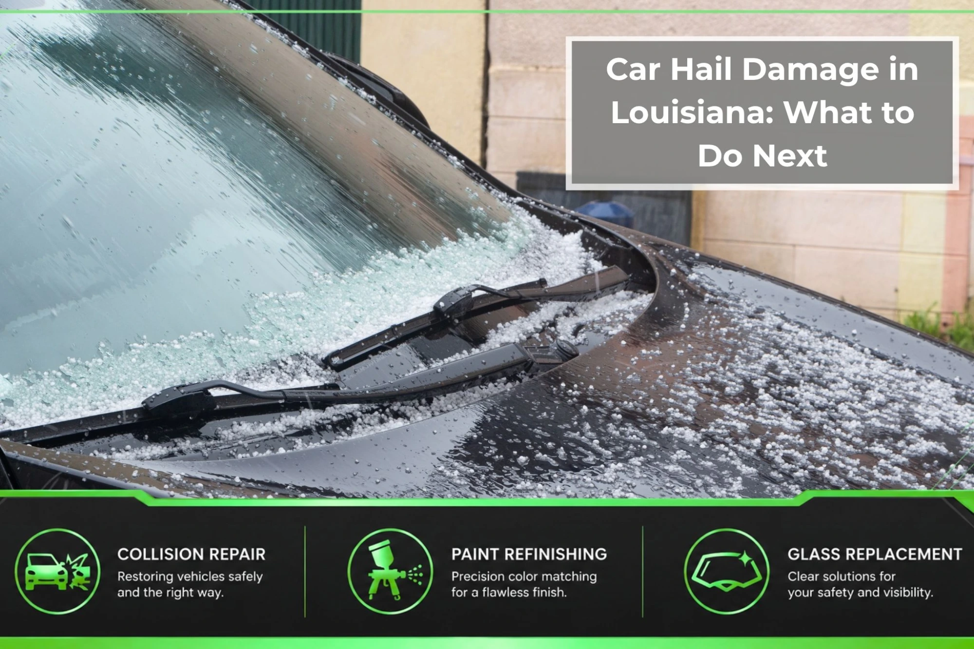 Black vehicle covered in hailstones after a Louisiana storm, showing hail accumulation on the windshield and hood.