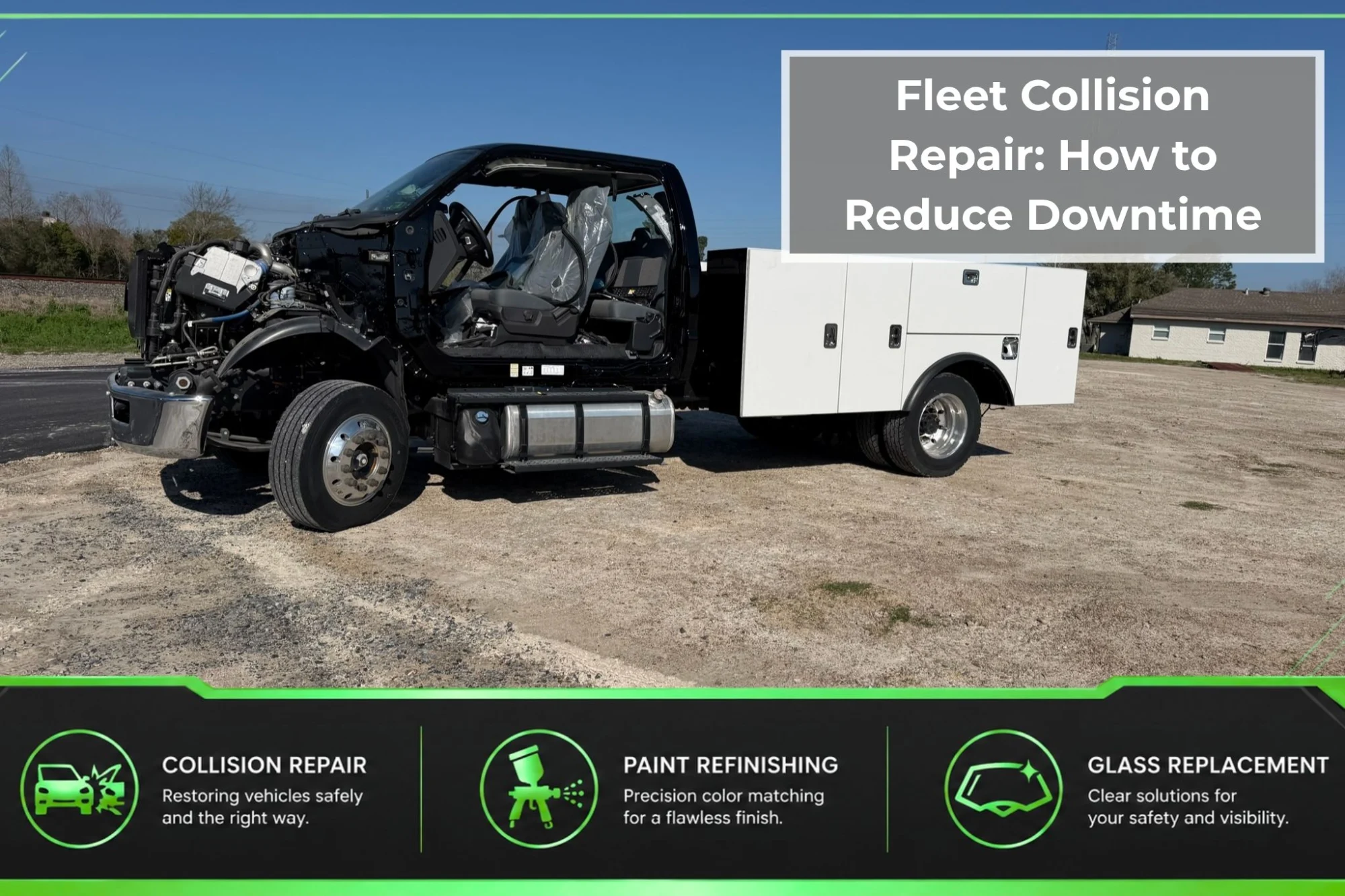 Damaged commercial service truck with front-end and cab collision damage, illustrating fleet collision repair and vehicle downtime.