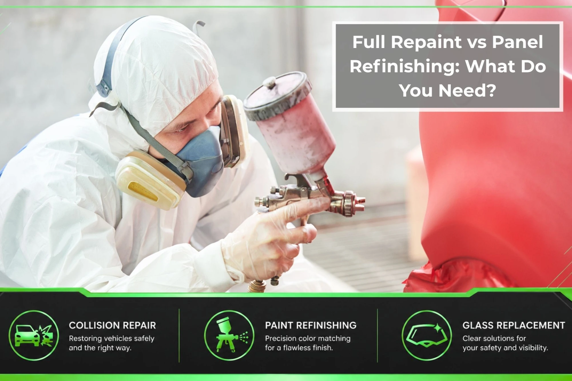 Auto body technician spray painting a red vehicle panel, illustrating full repaint vs panel refinishing at a professional collision repair shop.