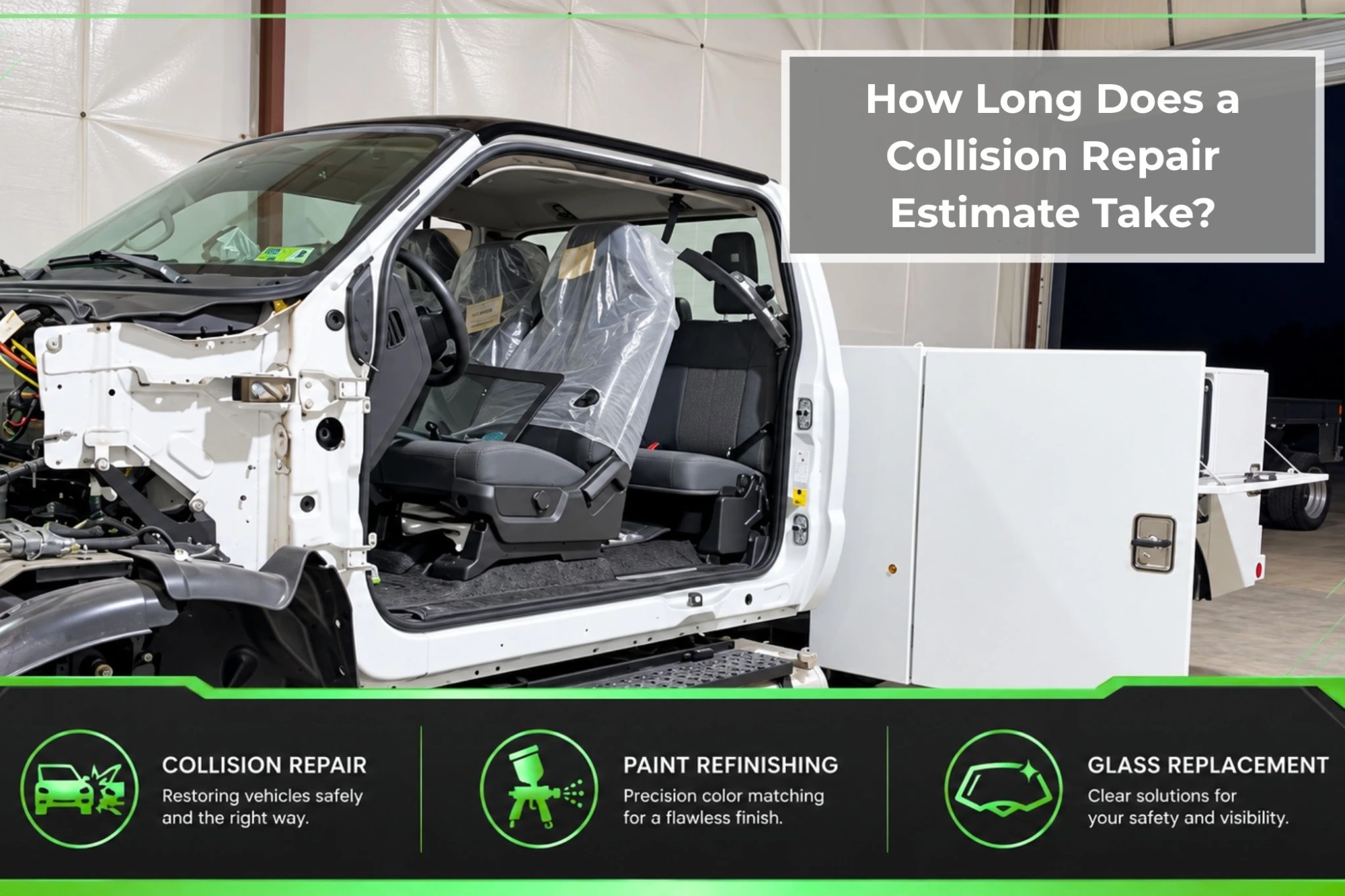 Partially disassembled white commercial service truck undergoing body and collision repair inside a professional auto body shop.