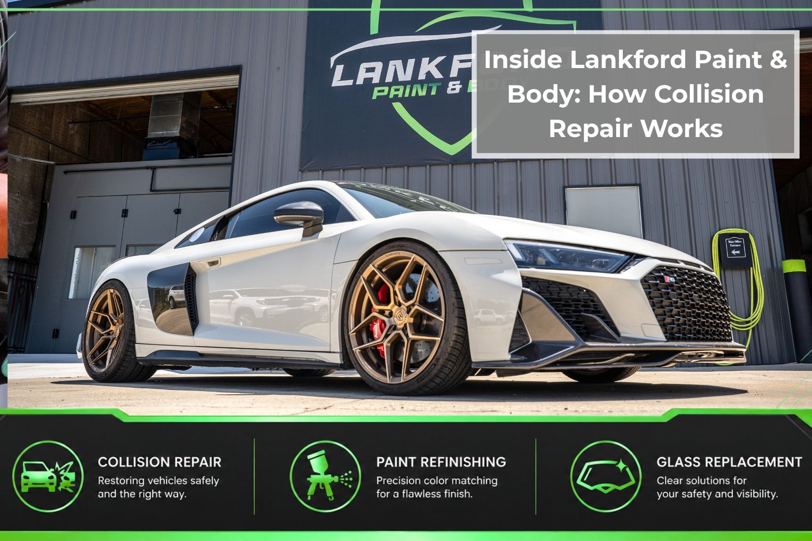White sports car parked outside Lankford Paint & Body in Prairieville, illustrating the collision repair process and professional auto body services.