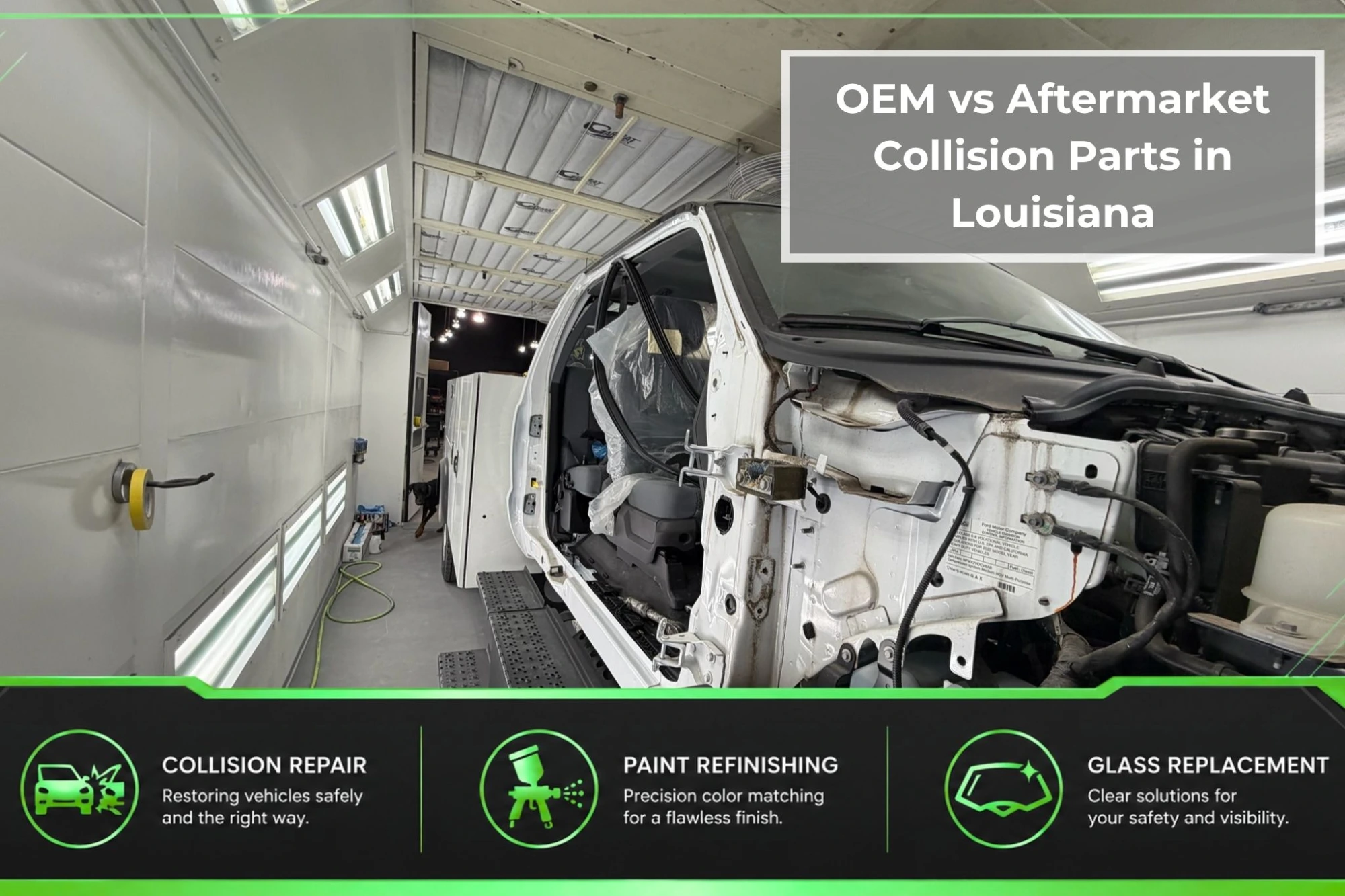 Collision-damaged vehicle undergoing body repair in a professional shop, illustrating OEM vs aftermarket collision parts in Louisiana.