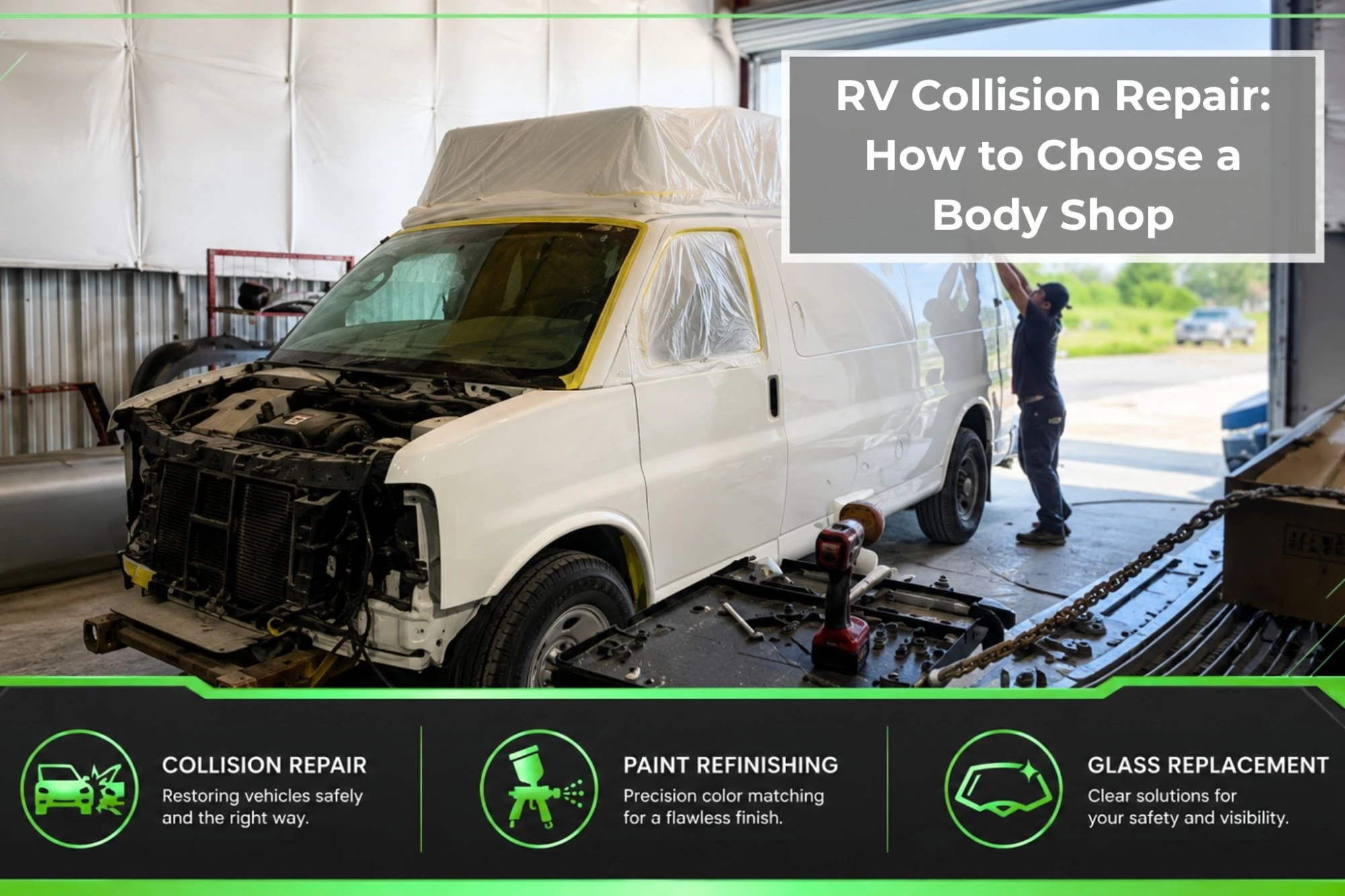 Technician works on a white commercial van undergoing front-end body repair and paint preparation inside a professional auto body shop.