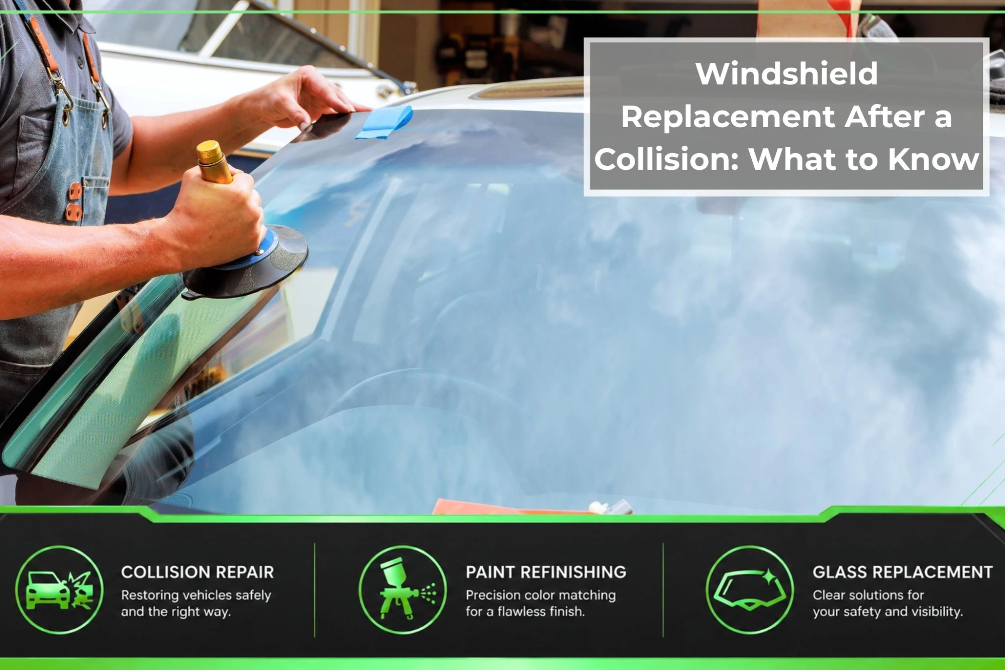 Technician installs a replacement windshield on a vehicle inside a professional auto glass repair shop after collision damage.